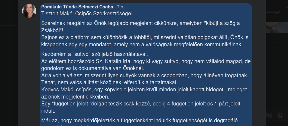 Pomikula Tünde Facebook hozzászólás